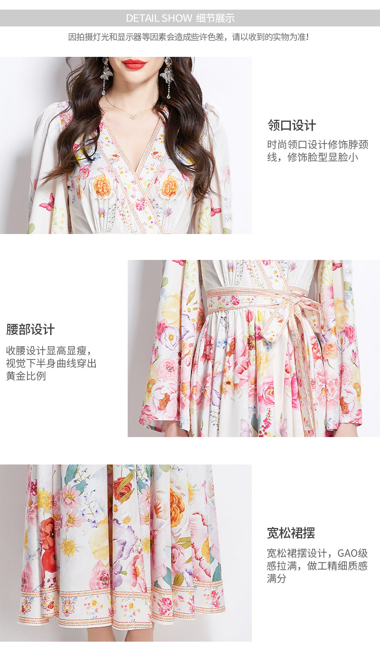 Original Design Spring/Summer New Oil Painting Flower Pattern Wrapped Mid length Dress
