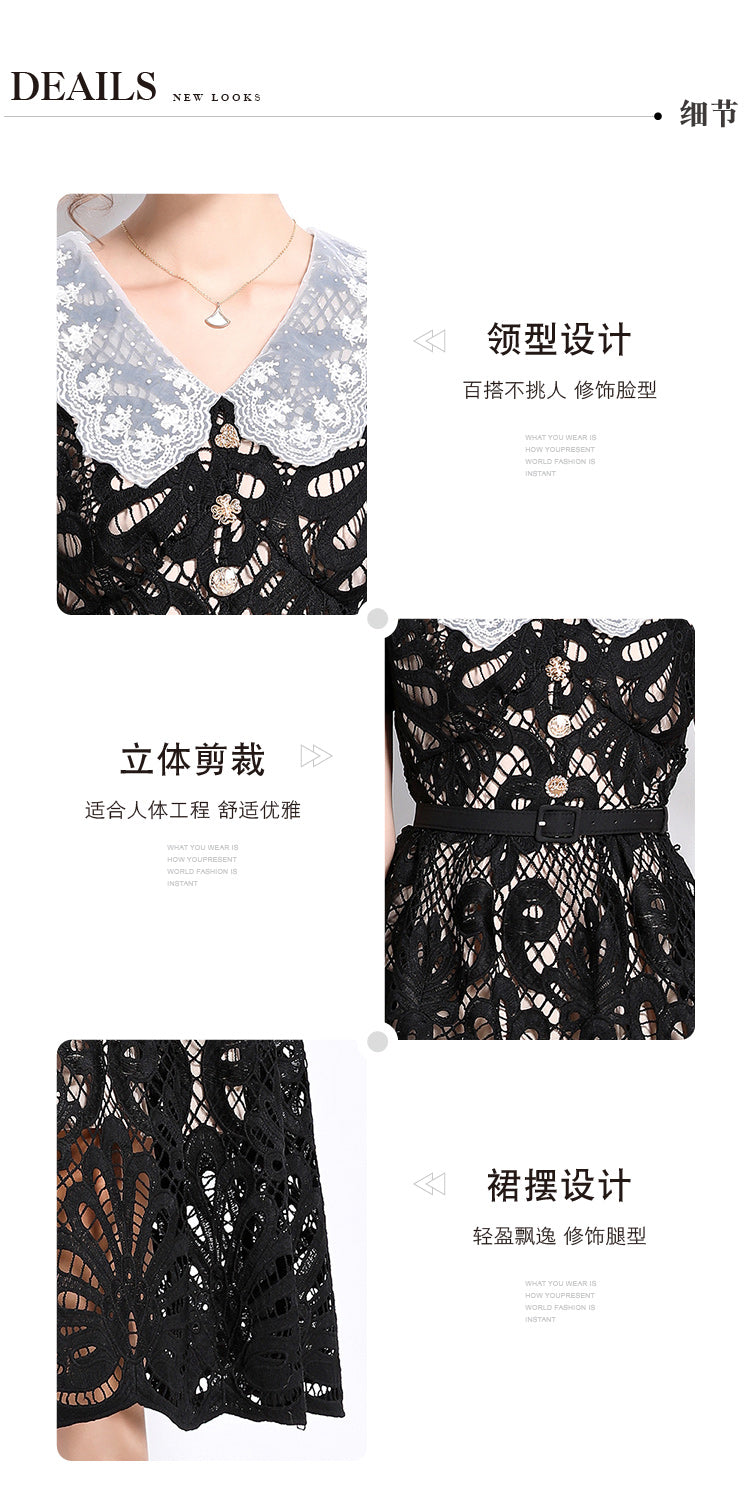 Original Design: Spring and Summer High End Water soluble Embroidered Medium length Skirt with V-neck and Waist cinching to Look Thin Dress