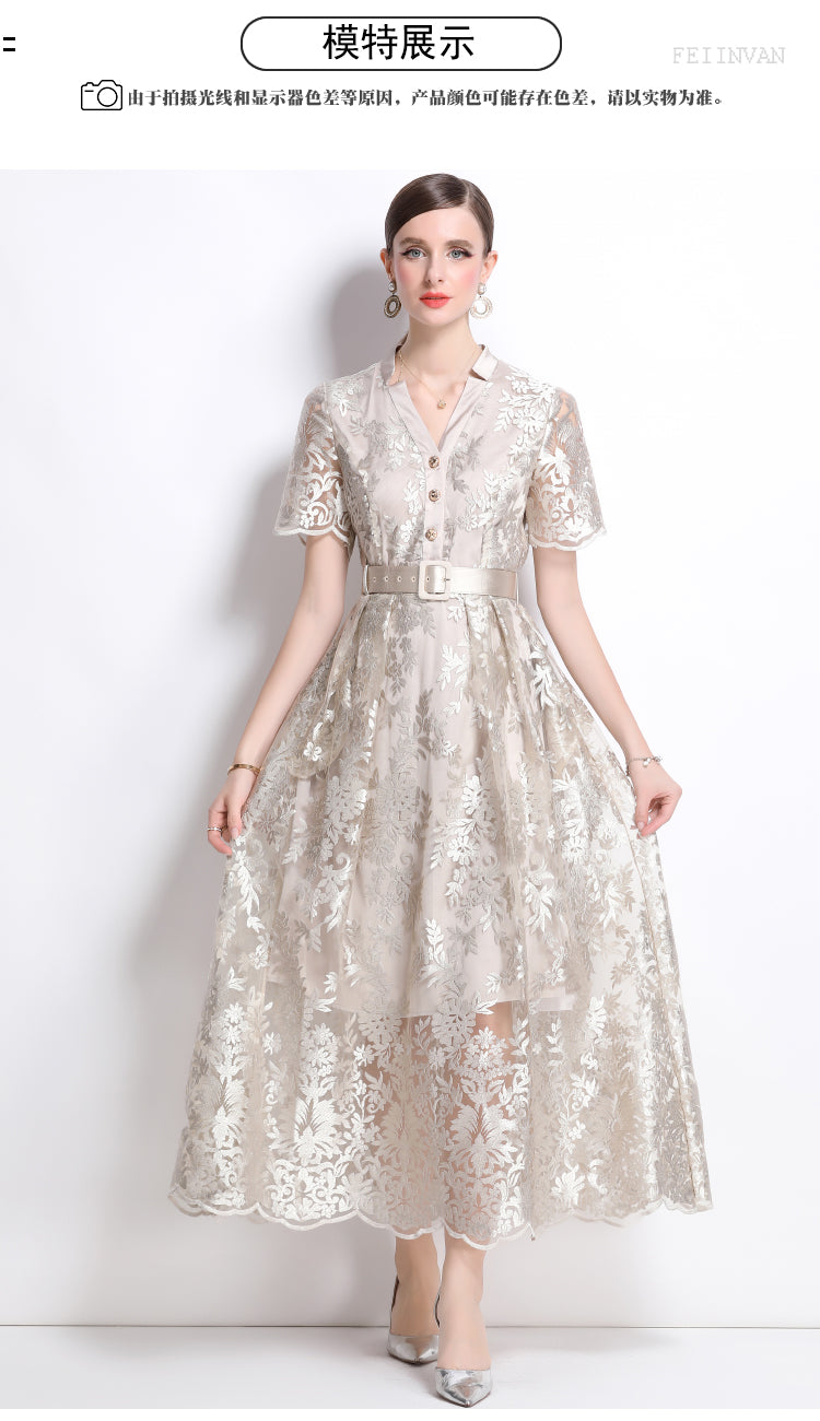 Original design mesh embroidered long dress with pockets, V-neck slim fit dress and belt