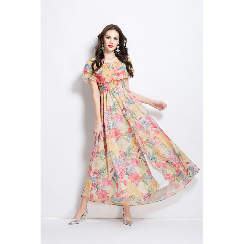 Original design for spring and summer new style with ruffled edge, one piece collar, waist cinched, big swing beach skirt, split chiffon dress
