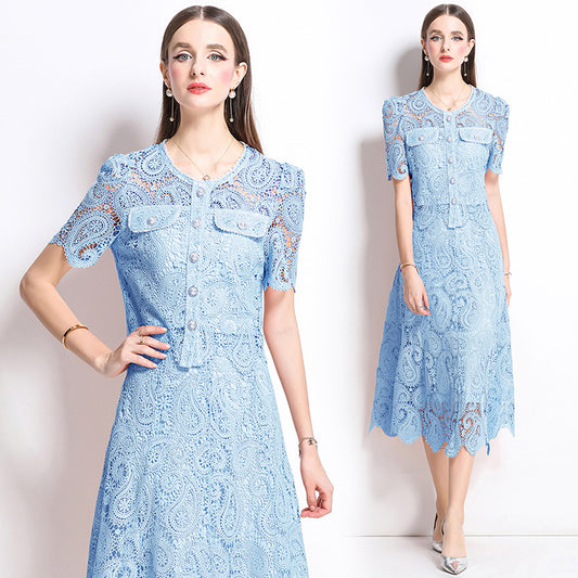 Original design for spring and summer small fragrance style set light luxury and high-end water-soluble lace skirt two-piece set
