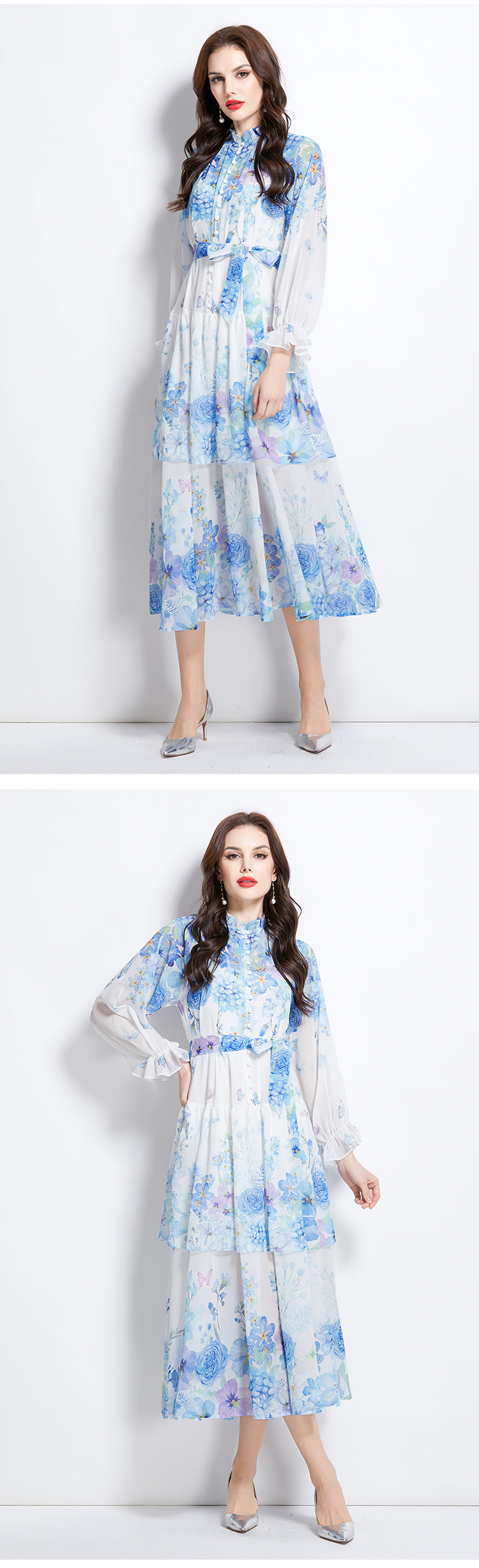 Original design summer/spring/autumn vacation long sleeved ruffled hem waist cinched black fungus collar cake dress