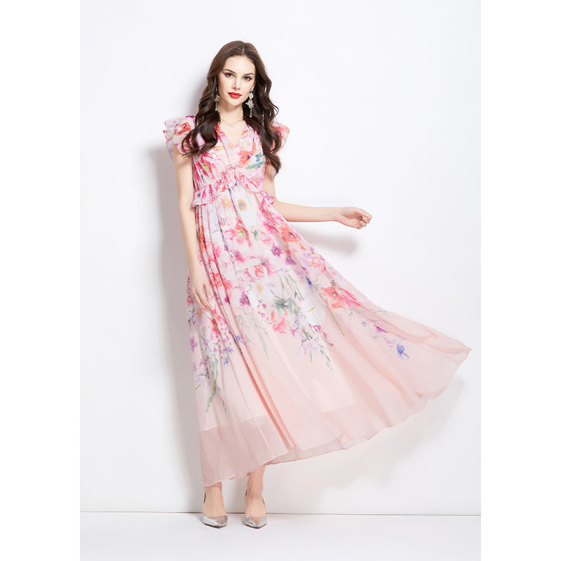 Original Design Spring/Summer Retro Flower Little Fly Sleeve Long Dress