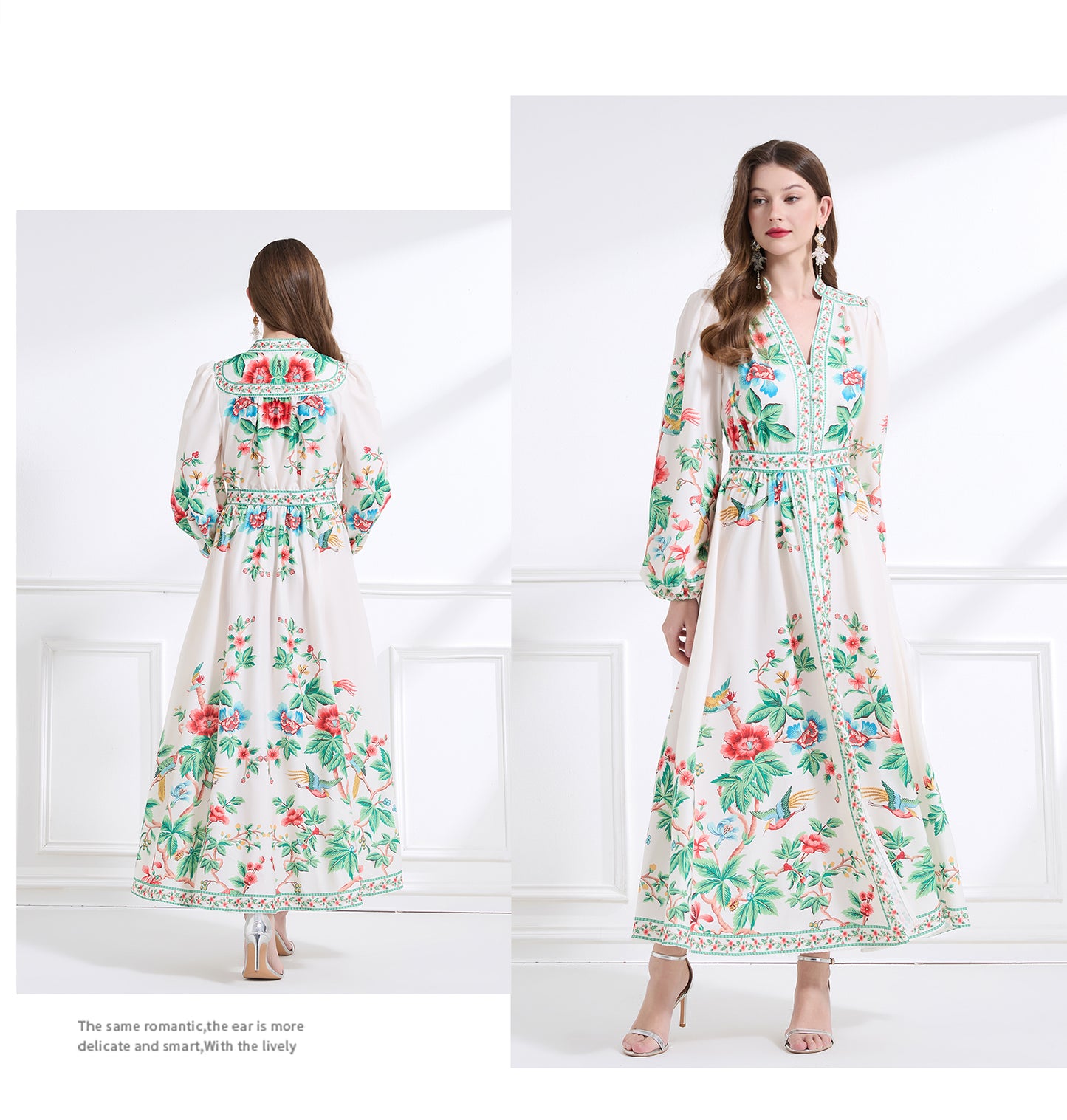 Original design Spring/summer resort-style V-neck, linen, floral, printed, balloon-sleeved, waist-cinching, ruffled maxi skirt