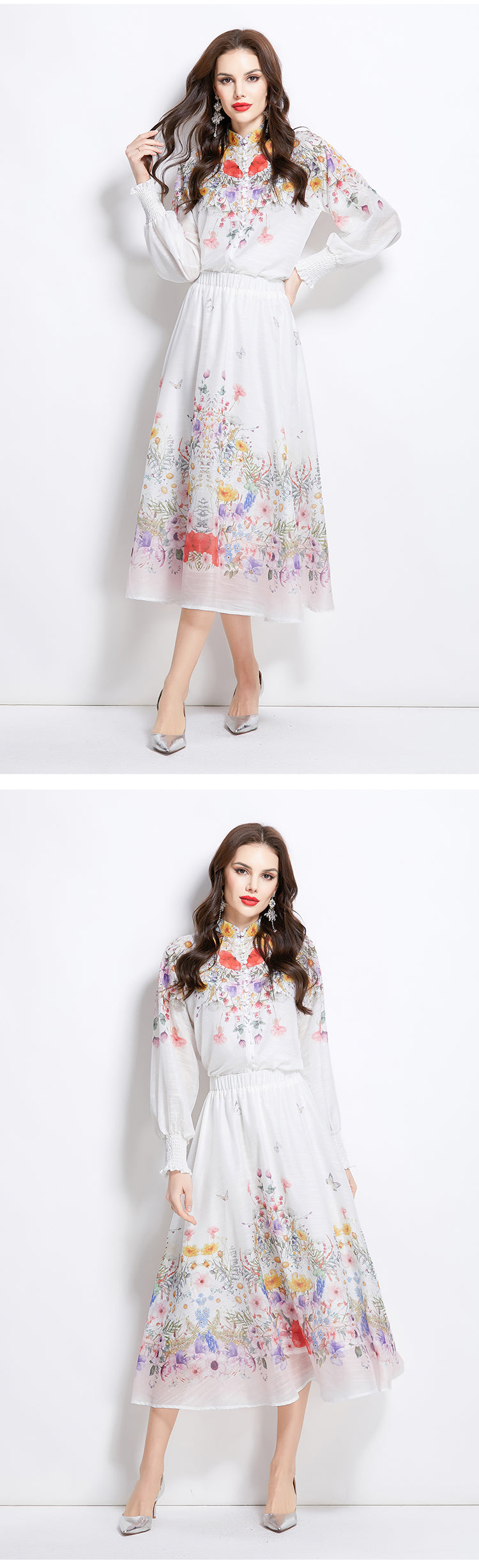 Original Design Spring/Summer/Autumn Vacation Oil Painting Flower Shirt Top Folding Mid length Skirt Set