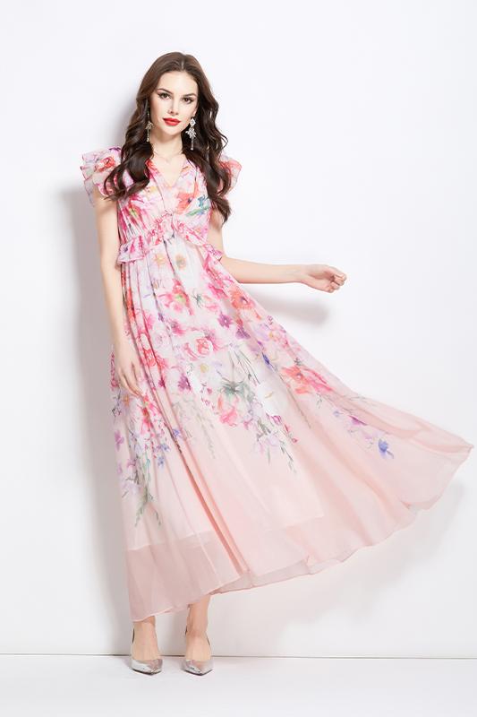 Original Design Spring/Summer Retro Flower Little Fly Sleeve Long Dress