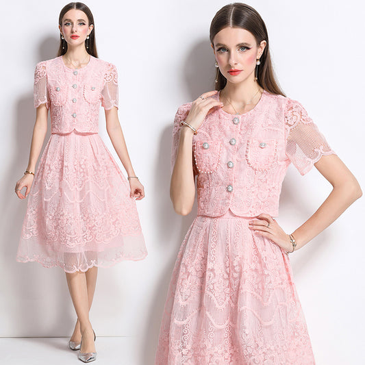 Original design for spring and summer small fragrance style set light luxury and high-end water-soluble lace skirt two-piece set