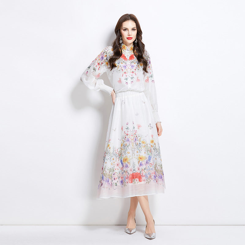 Original Design Spring/Summer/Autumn Vacation Oil Painting Flower Shirt Top Folding Mid length Skirt Set