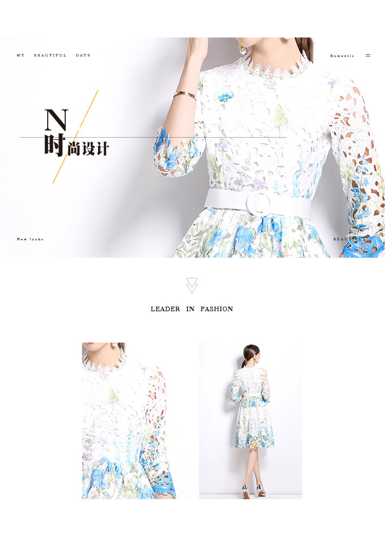 Original design mid long sleeved fashionable slimming hollow out water-soluble lace positioning mid length dress