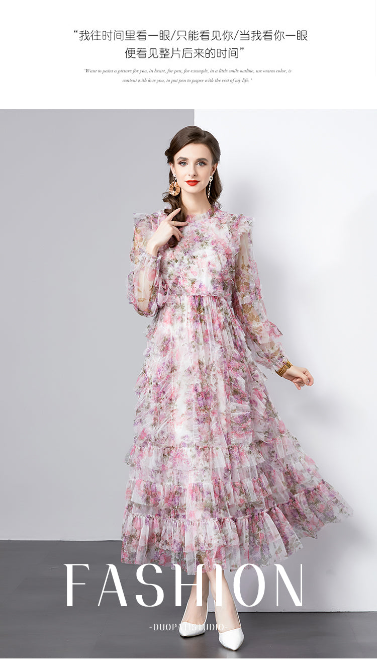Original design graphic women's French purple and red flower print elegant temperament dress