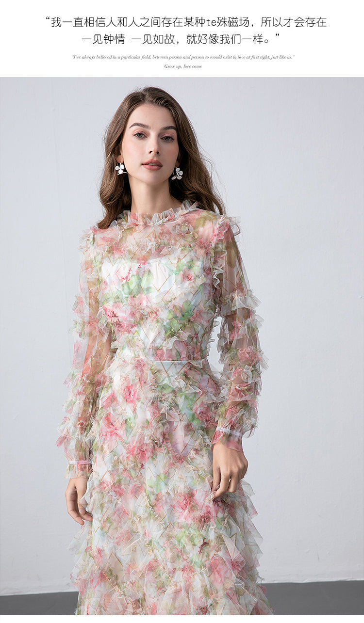 Original design boutique heavy industry romantic fairy temperament printed fungus edge French dress