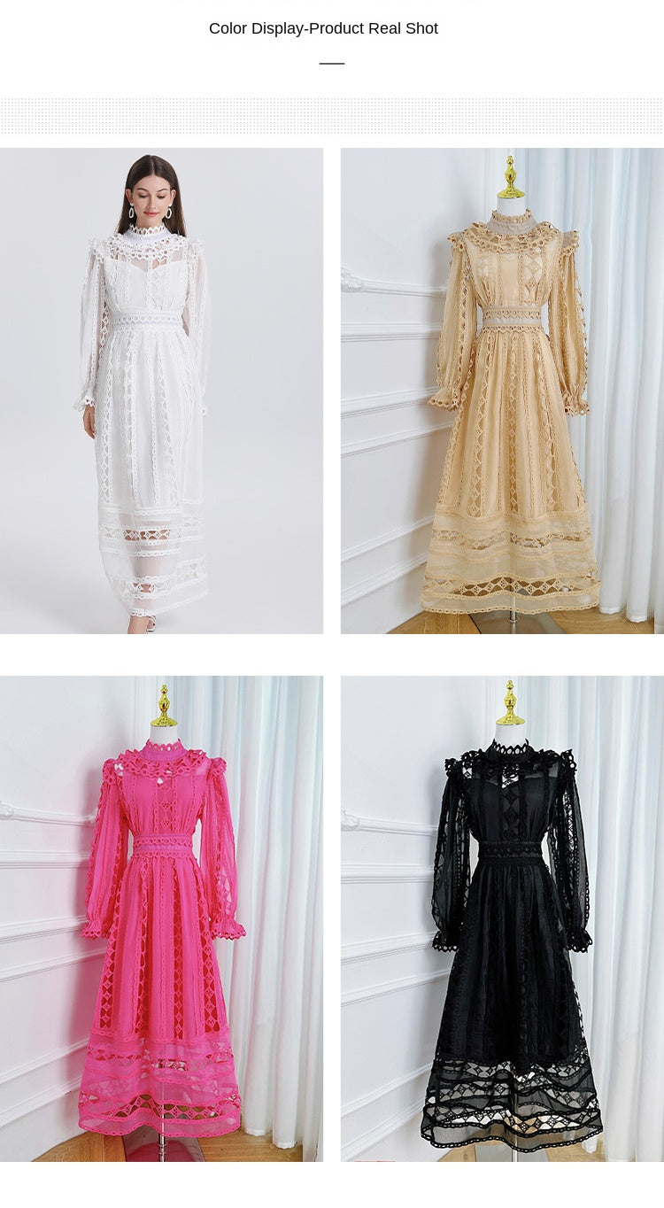 Art cut-out embroidered solid color French maxi skirt waist temperament women's dress