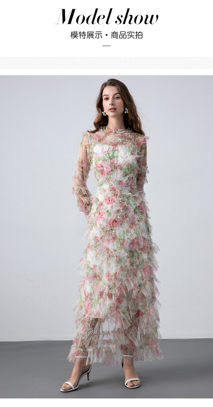Original design boutique heavy industry romantic fairy temperament printed fungus edge French dress