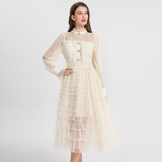 Women's clothing heavy art, coarse tweed splicing mesh cake skirt