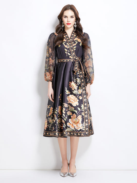 Original design for spring and summer V-neck ethnic style printed satin wrapped long length dress