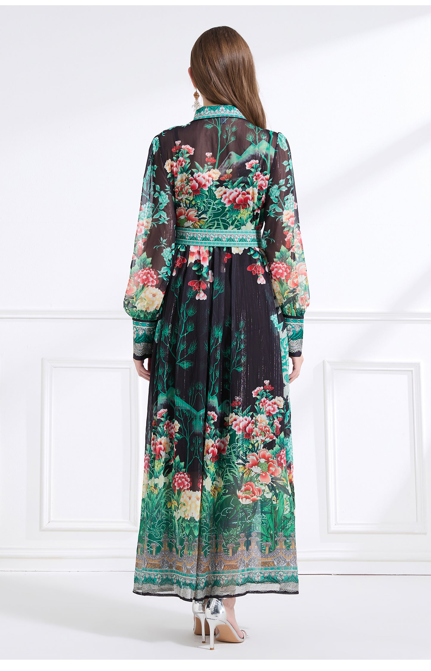 Original design - Spring/Summer, Autumn chiffon shirt collar print, long sleeves, cinched waist, ruffled maxi skirt