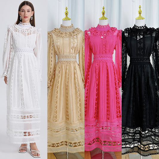 Art cut-out embroidered solid color French maxi skirt waist temperament women's dress