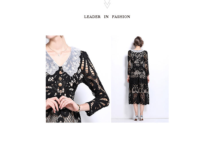 Original Design: Spring and Summer High End Water soluble Embroidered Medium length Skirt with V-neck and Waist cinching to Look Thin Dress