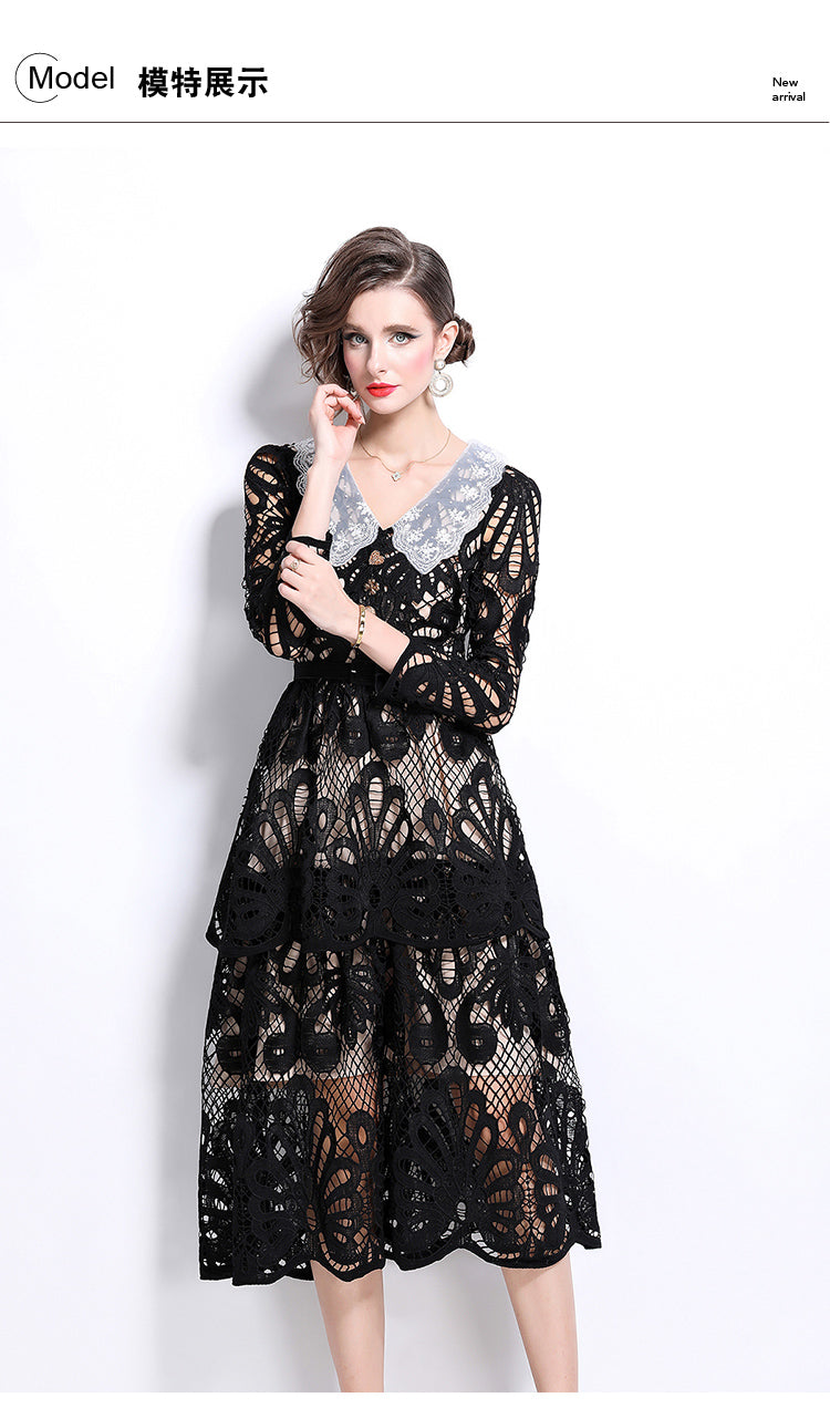 Original Design: Spring and Summer High End Water soluble Embroidered Medium length Skirt with V-neck and Waist cinching to Look Thin Dress