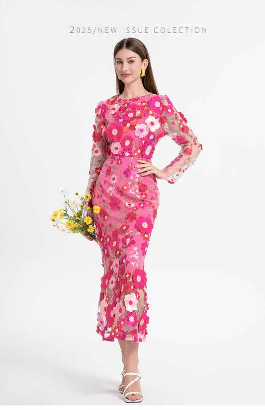 Fine art boutique color embroidery handmade three-dimensional flower slim mermaid skirt temperament women's dress
