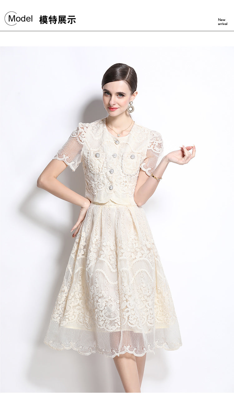 Original design for spring and summer small fragrance style set light luxury and high-end water-soluble lace skirt two-piece set