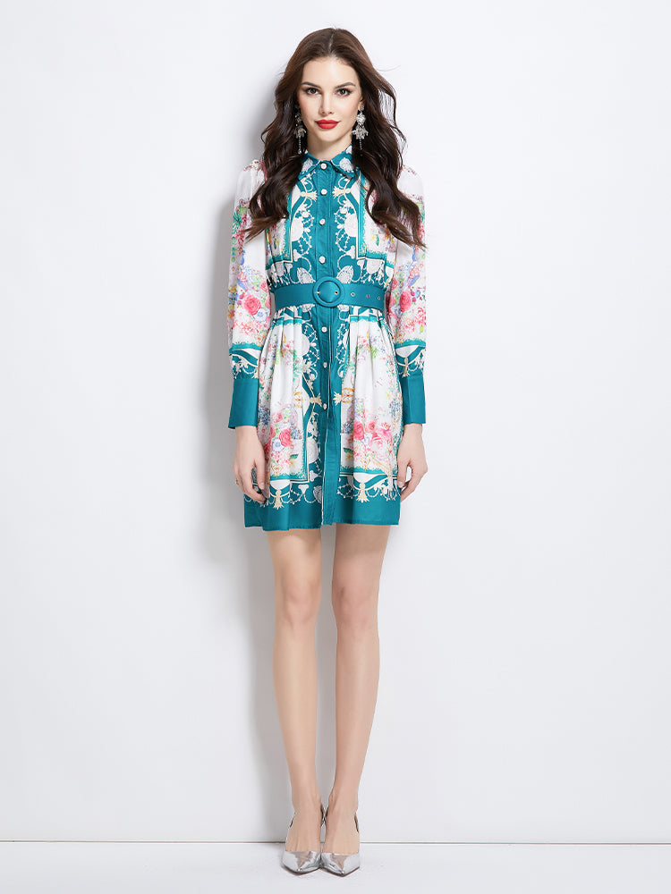 Original Design Spring/Summer/Autumn Vacation Retro Oil Painting Printed Collar Short Dress
