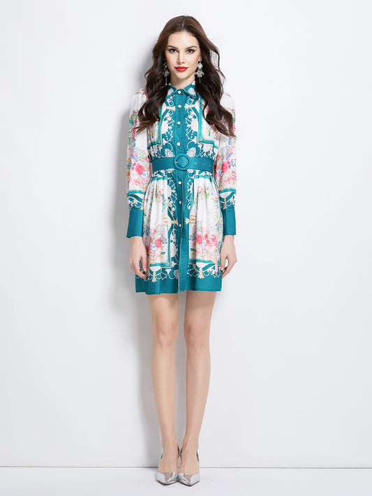 Original Design Spring/Summer/Autumn Vacation Retro Oil Painting Printed Collar Short Dress