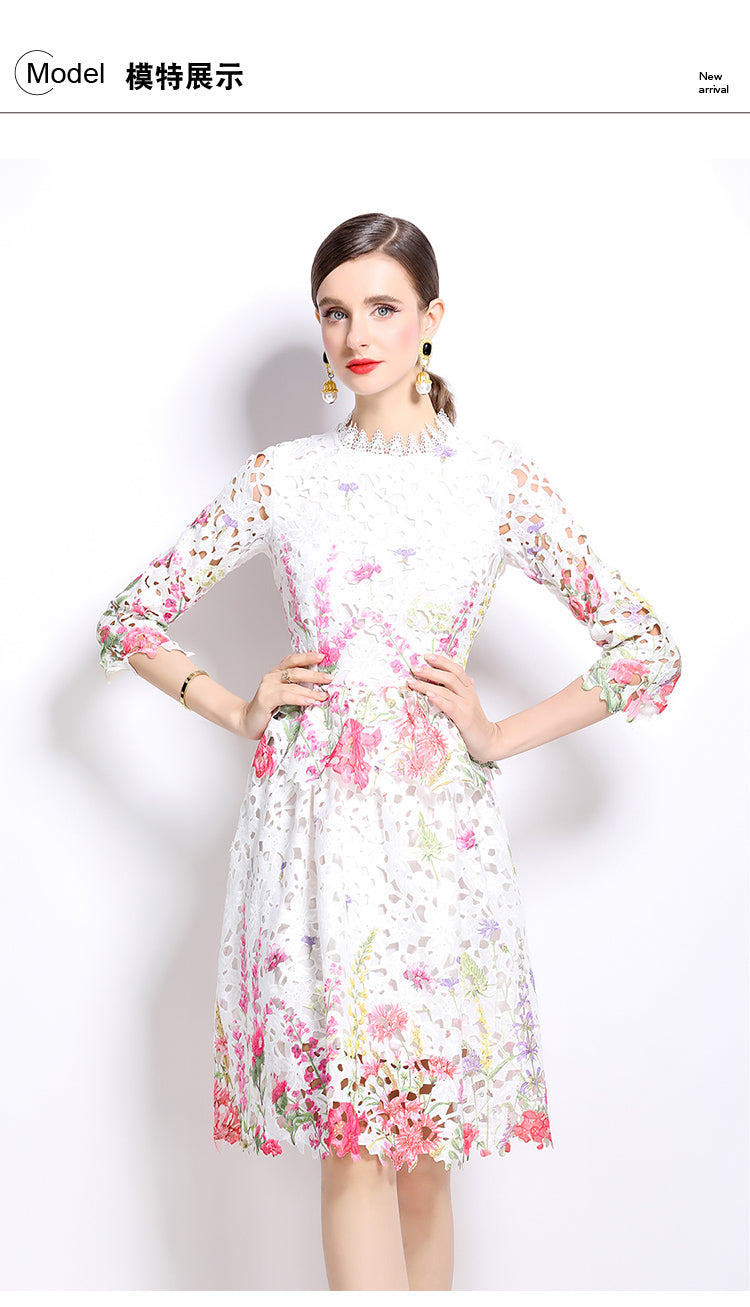 Original design mid long sleeved fashionable slimming hollow out water-soluble lace positioning mid length dress