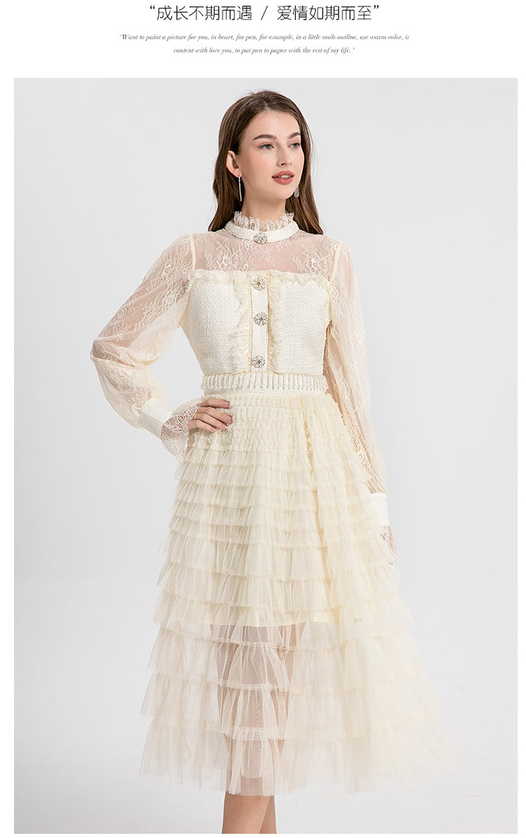 Women's clothing heavy art, coarse tweed splicing mesh cake skirt