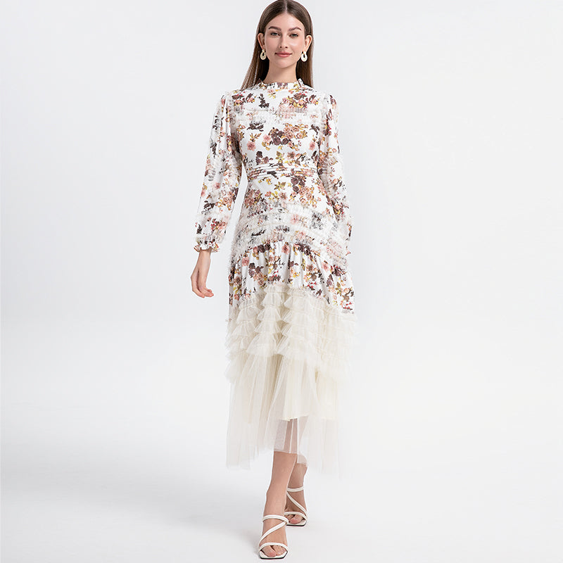 Artwork boutique print patchwork mesh fungus trimmed French court-style women's dress