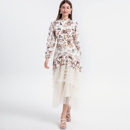 Artwork boutique print patchwork mesh fungus trimmed French court-style women's dress