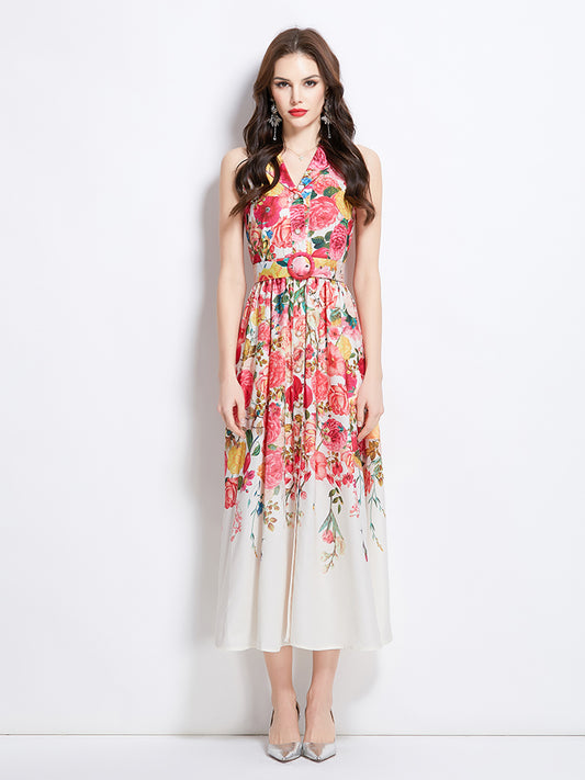 Original design for spring and summer vacation, new floral oil painting style shirt style long dress