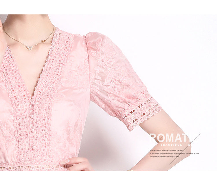 Original Design: Spring/Summer Embroidered V-neck Dress with Lace and Lace Charm Slimming Skirt