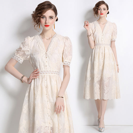 Original Design: Spring/Summer Embroidered V-neck Dress with Lace and Lace Charm Slimming Skirt
