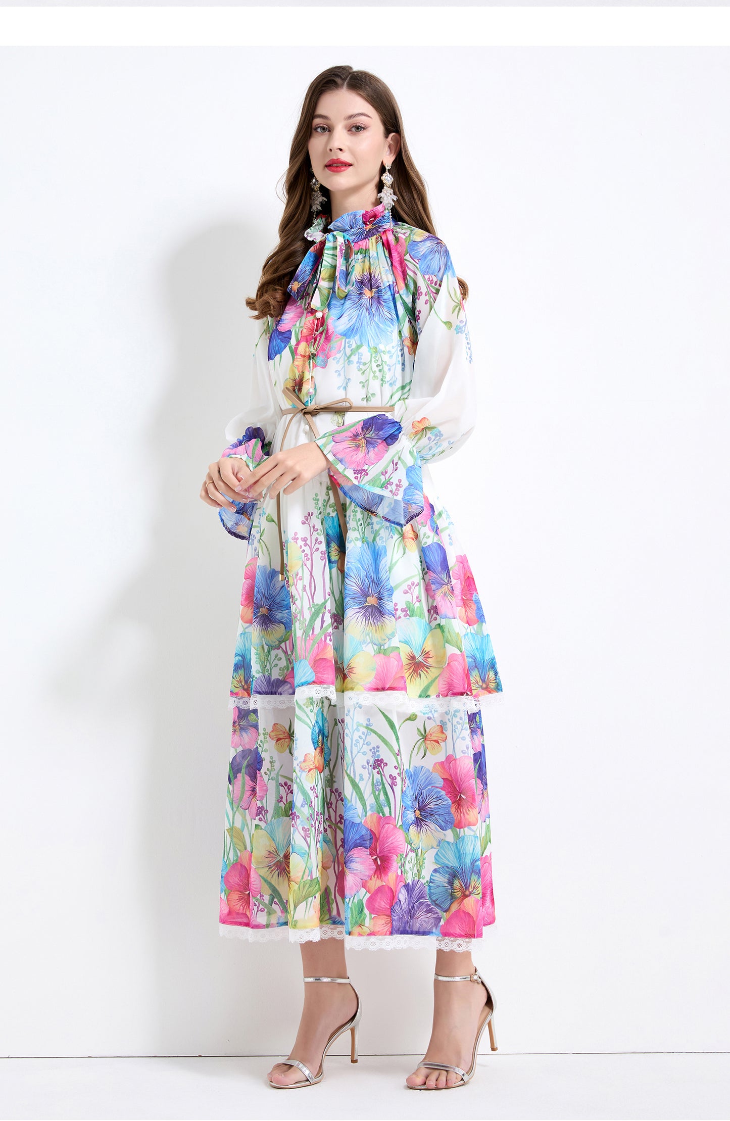 Original design - spring and summer fake lace cake skirt floral print waist ruffle skirt