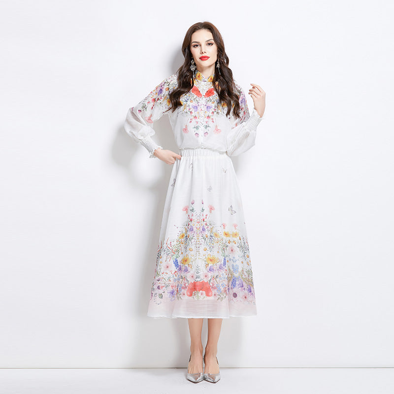 Original Design Spring/Summer/Autumn Vacation Oil Painting Flower Shirt Top Folding Mid length Skirt Set