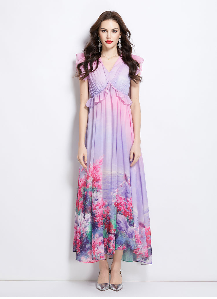 Original Design Spring/Summer Retro Flower Little Fly Sleeve Long Dress