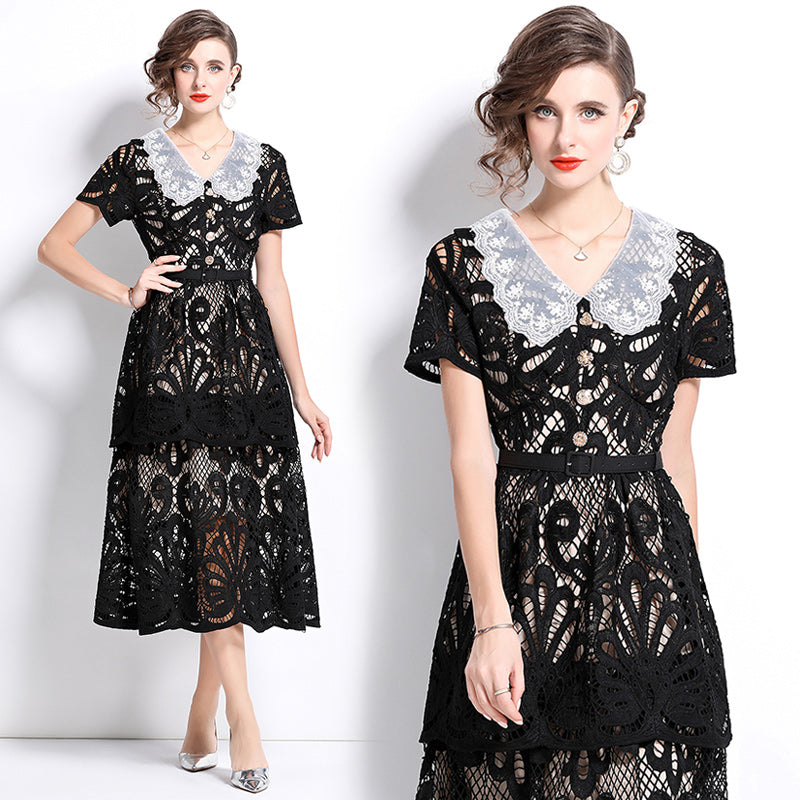 Original Design: Spring and Summer High End Water soluble Embroidered Medium length Skirt with V-neck and Waist cinching to Look Thin Dress