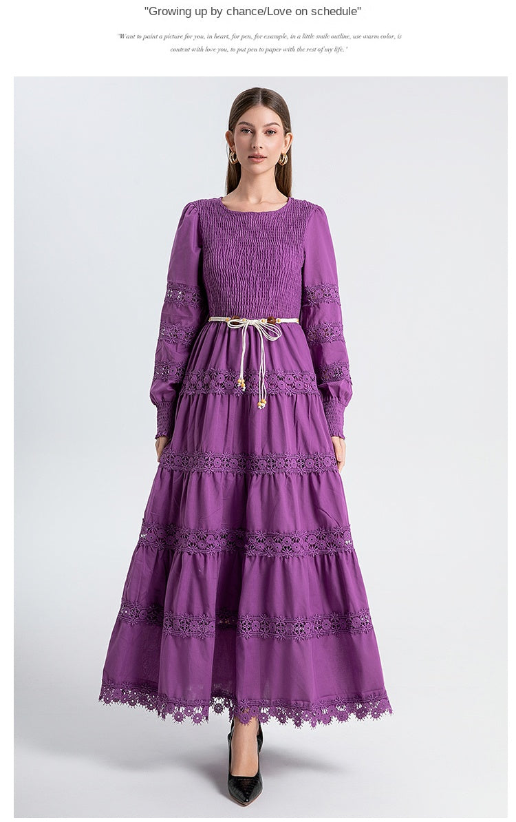 The French vintage maxi skirt is cut-out and laced in a solid color, cinching the waist and showing a slim round neck, lace panels