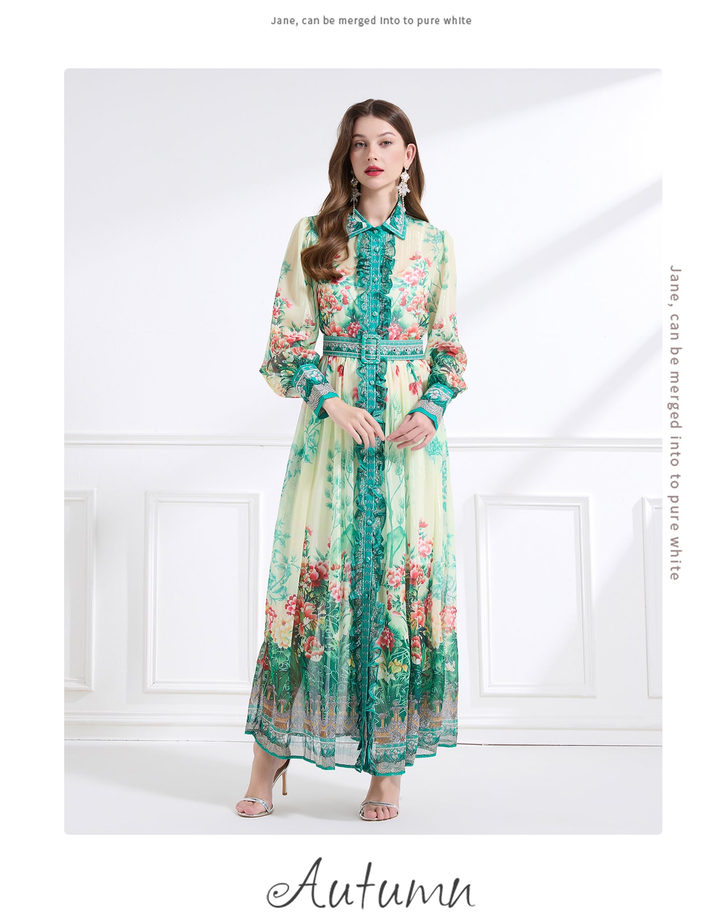 Original design - Spring/Summer, Autumn chiffon shirt collar print, long sleeves, cinched waist, ruffled maxi skirt