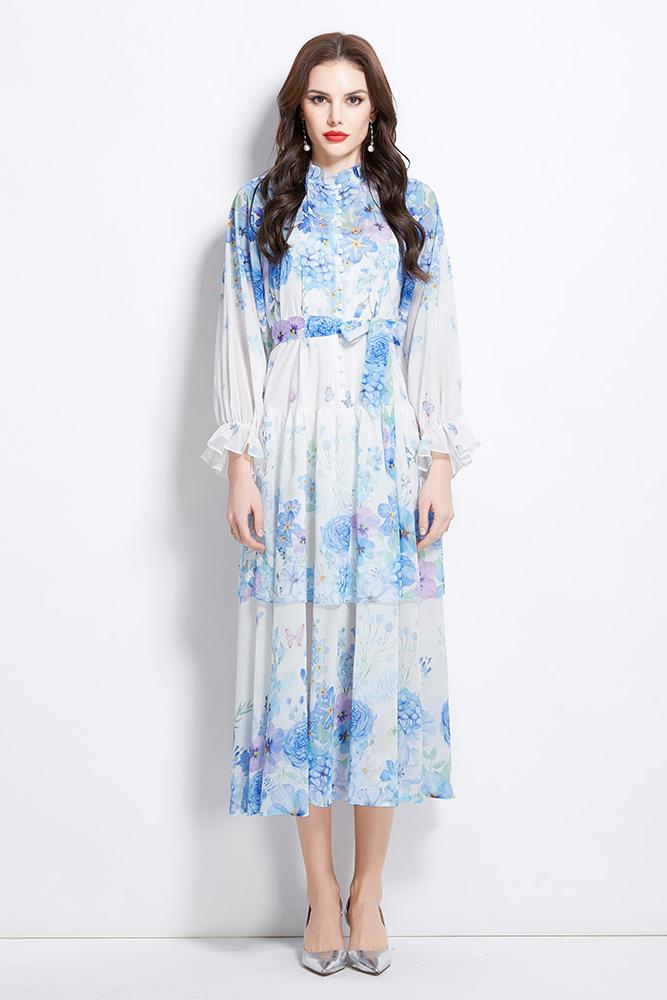 Original design summer/spring/autumn vacation long sleeved ruffled hem waist cinched black fungus collar cake dress