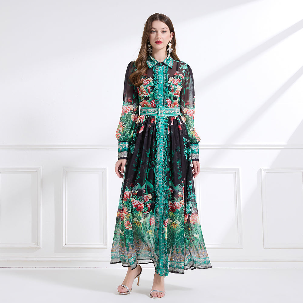 Original design - Spring/Summer, Autumn chiffon shirt collar print, long sleeves, cinched waist, ruffled maxi skirt