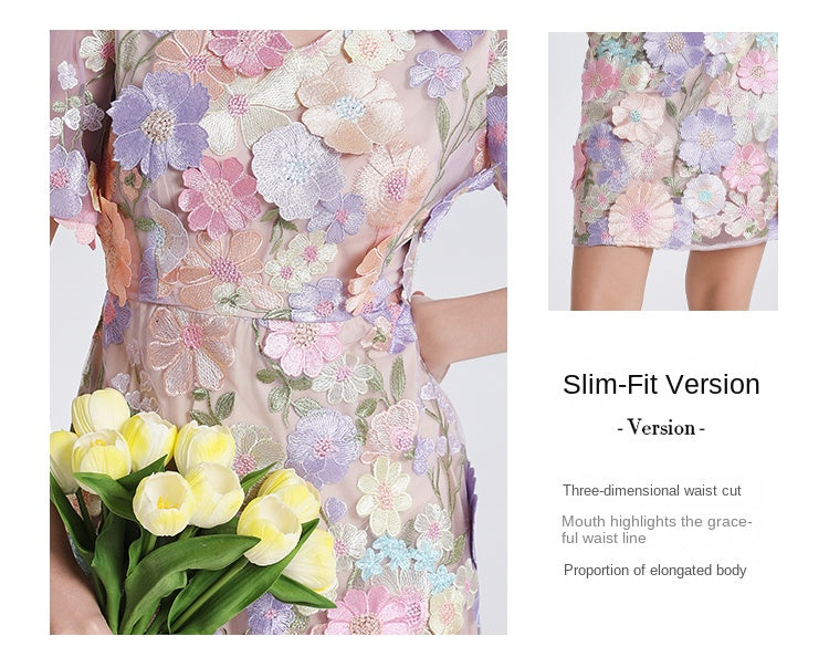 Art embroidery boutique handmade color stringing V-neck puff sleeve hip dress