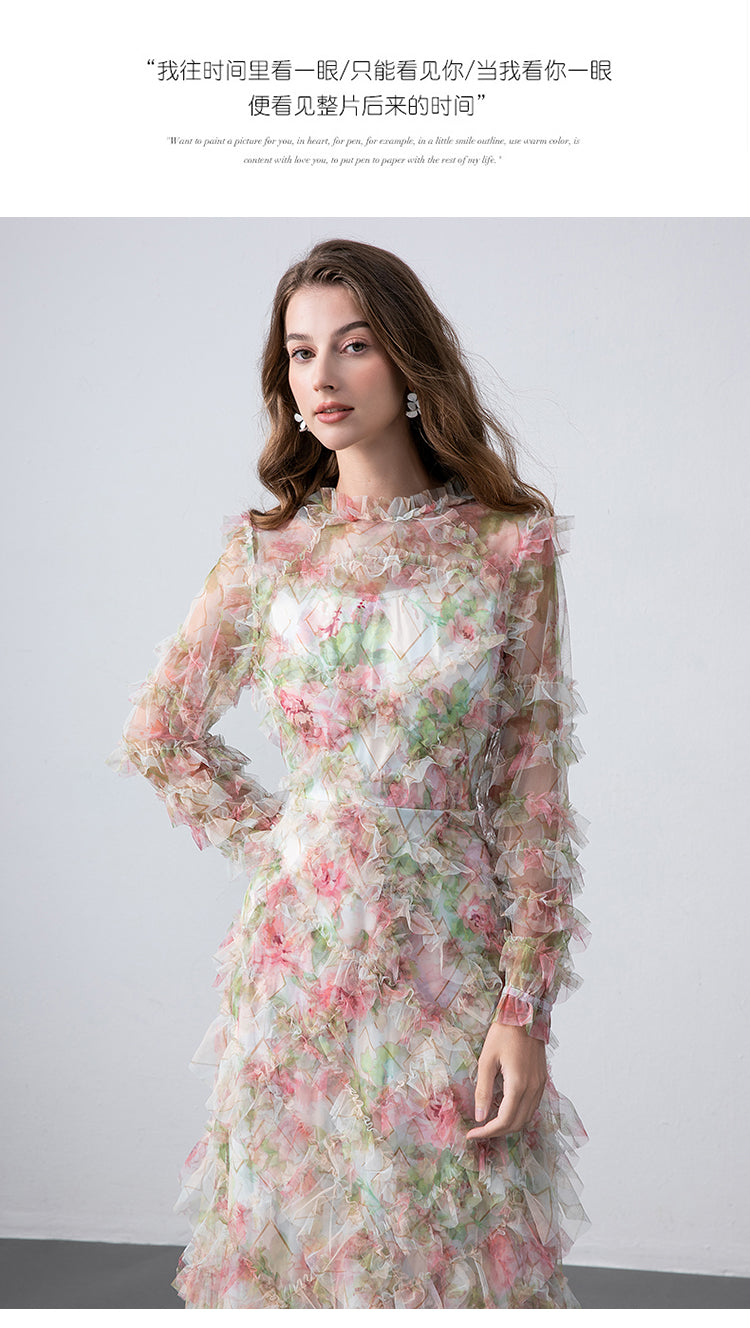 Original design boutique heavy industry romantic fairy temperament printed fungus edge French dress