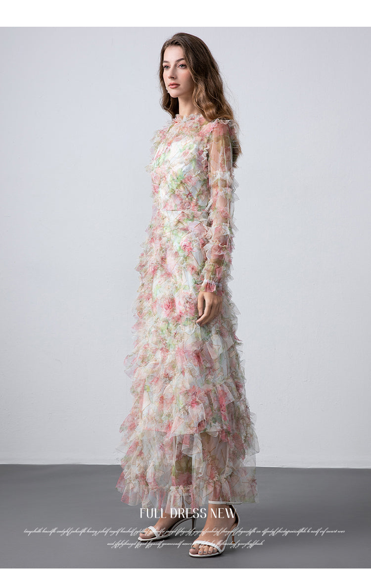 Original design boutique heavy industry romantic fairy temperament printed fungus edge French dress