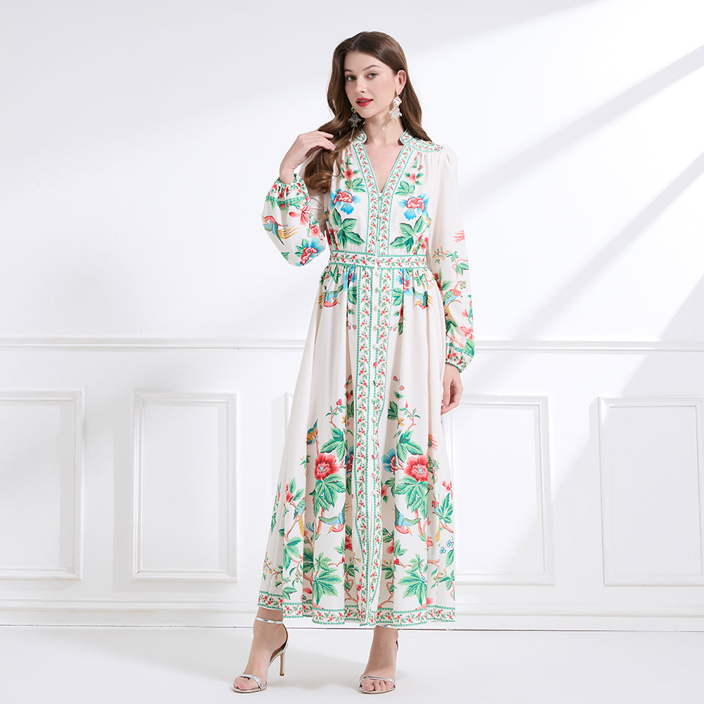 Original design Spring/summer resort-style V-neck, linen, floral, printed, balloon-sleeved, waist-cinching, ruffled maxi skirt