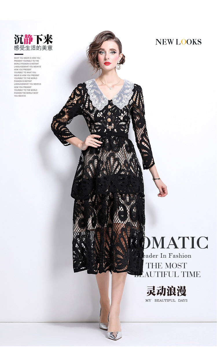 Original Design: Spring and Summer High End Water soluble Embroidered Medium length Skirt with V-neck and Waist cinching to Look Thin Dress