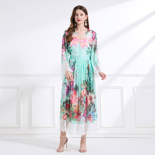 Original design: resort-style V-neck lace print suit, waist-cinching ruffled maxi dress