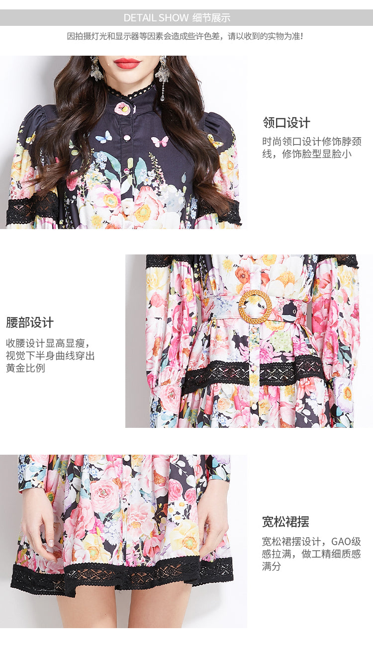 Original design for spring and summer vacation new style painted oil painting style lace patchwork short dress