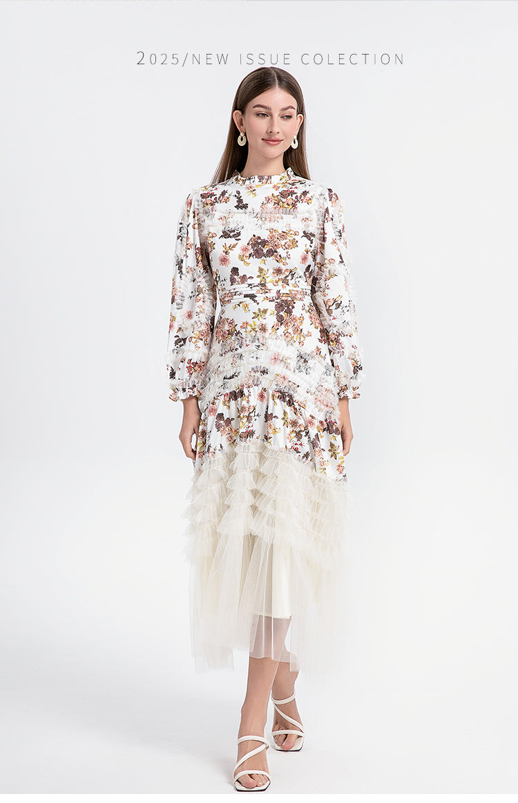 Artwork boutique print patchwork mesh fungus trimmed French court-style women's dress